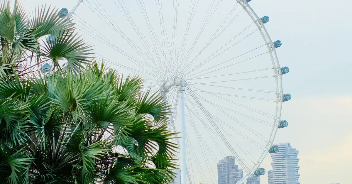 Singapore Flyer observation wheel seen behind tropical greenery