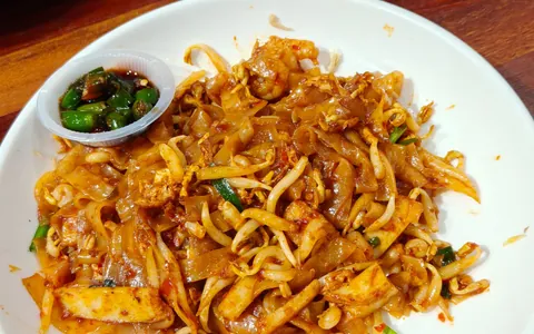 Stir-fried flat rice noodles with egg and garnishes on a white plate