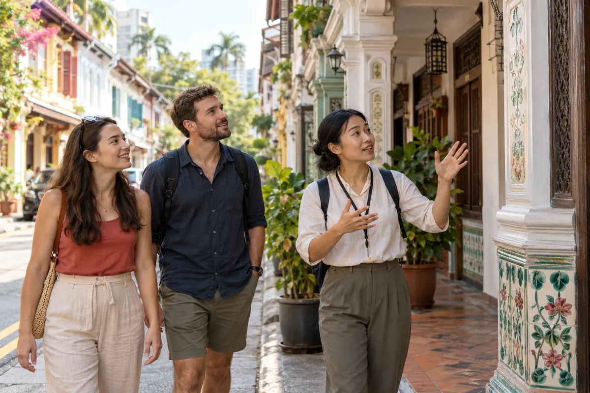 Illustration of a local guide discussing shophouse details with two visitors